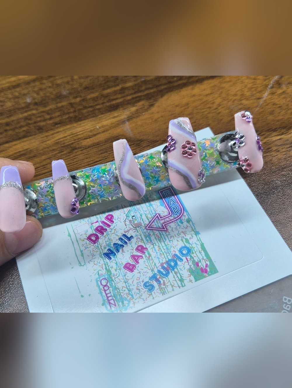 Pink Lavender Swirl Press-On Nails with Silver Glitter